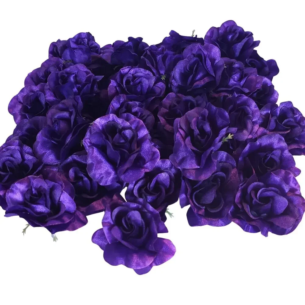 100 Purple Satin Rose Heads Stemless Wedding Floral Craft DIY Wreath 2.5in